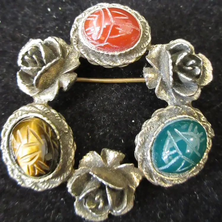 Vintage Pewter and Carved Glass Cabochon Scarab Beetle Floral Wreath Brooch Pin 1950s Egyptian Revival - 1.5 Inch Diameter