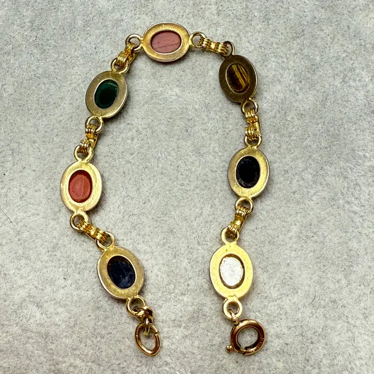 Vintage 7" Egyptian Revival Scarab Beetle Bracelet Semi Precious 14K Gold Filled