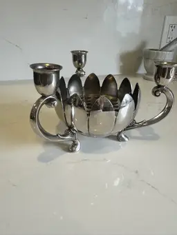 Vintage Silver-Plated Lotus Bowl With Candle Holder