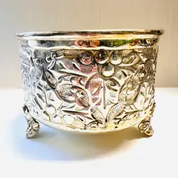 Vintage Silver Toned Tri Footed Planter Embossed Holly Berry Christmas Decor