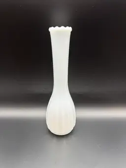 Vintage Translucent White Milk Glass 8.3/4" Ribbed Bud Vase w/ Scalloped Rim