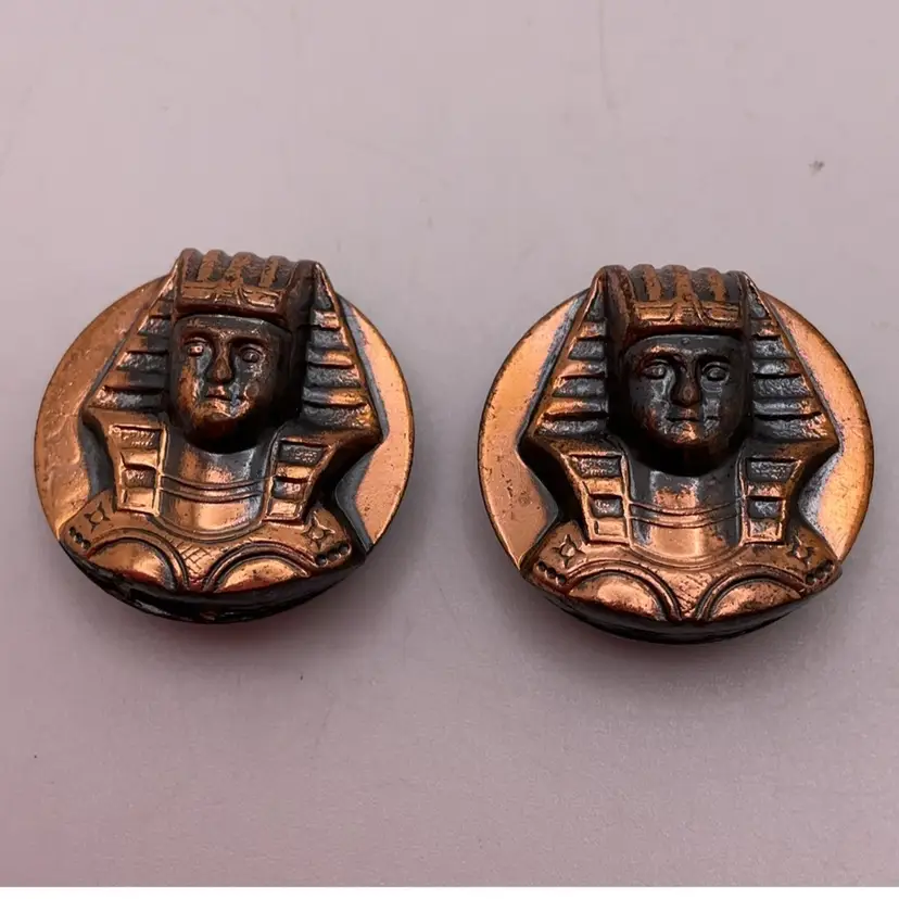 VTG Egyptian Revival King Tut Button Covers Copper Tone .75”D