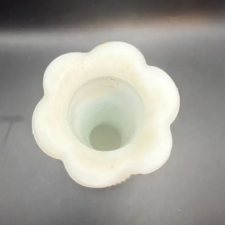 White Milk Glass Bud Vase With A Fluted Base and Scalloped Rim