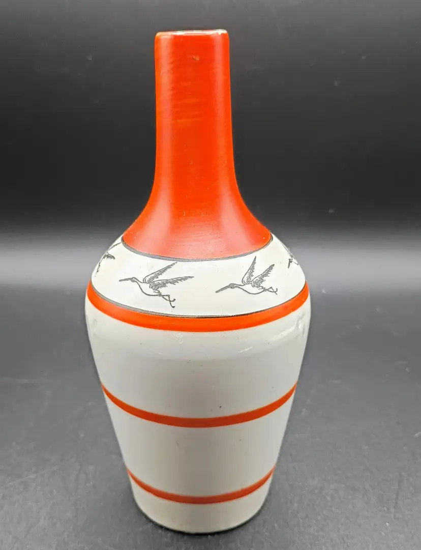Antique French Stoneware Liquor Jar Vase Signed Number 1 of 4 Cranes 6 and 1/2 in by 3 in