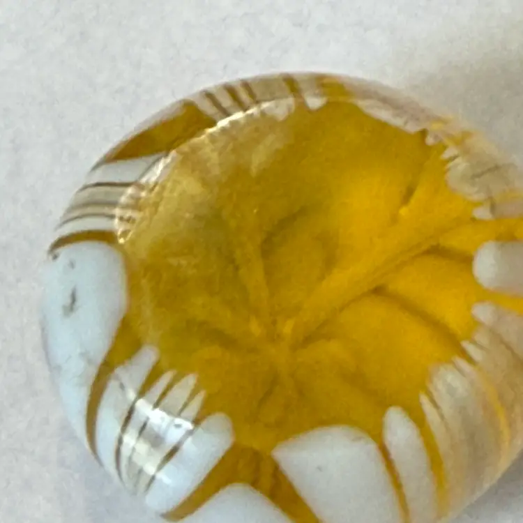 Tiny White Swirl And Yellow Glass Paperweight 1”