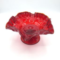 Vintage Amberina Maple Leaf Red Glass Compote