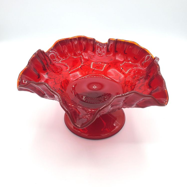 Vintage Amberina Maple Leaf Red Glass Compote