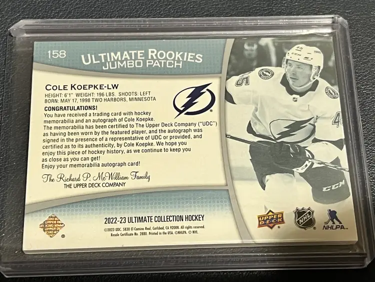 2022-23 Upper deck Ultimate Rookies jumbo Patch Auto Cole Koepke /15