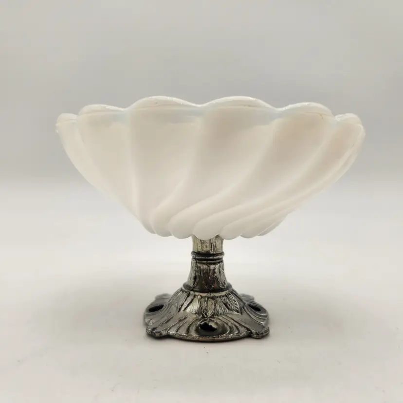 Vintage Hazel Atlas Opalescent White Swirl Glass Compote Ornate Metal Pedestal