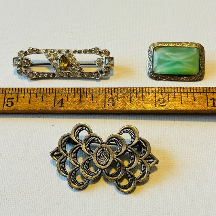Unsigned Vintage Brooch Lot Of 3 - Art Deco Star Glass, Art Deco Rhinestone, Textured Open Work