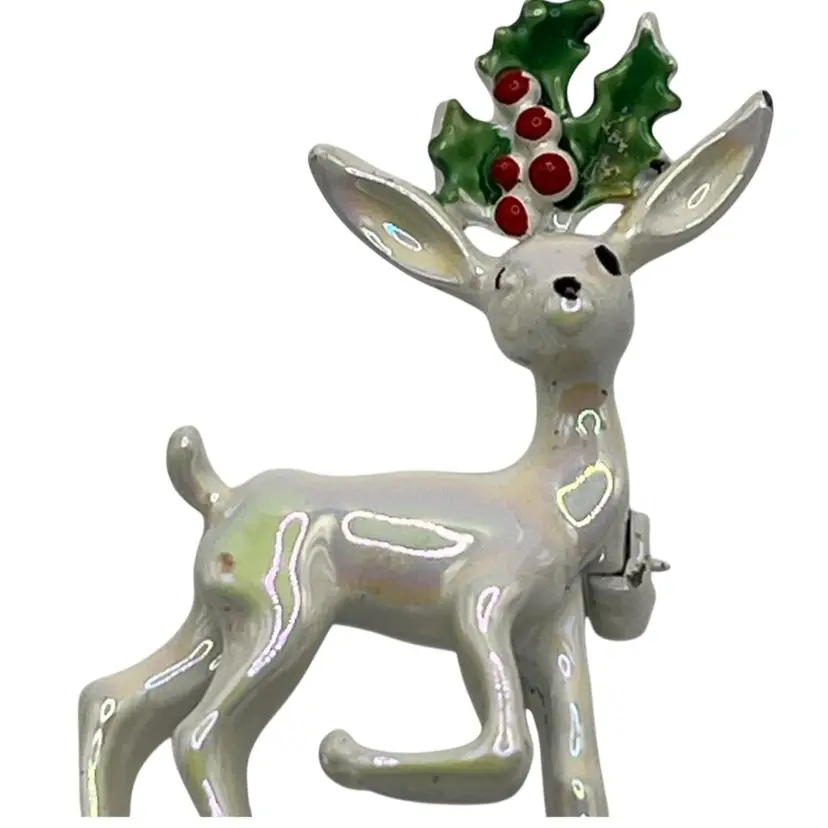 Pair Of Two Gerry's Vintage Pin Brooch Iridescent Enamel Reindeer Christmas