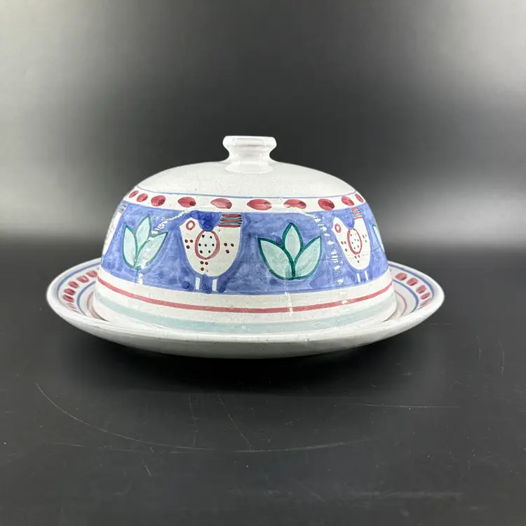 MM Pottery Portugal Solimene Style Majolica Redware Cake Plate With Cloche Hand Painted Birds