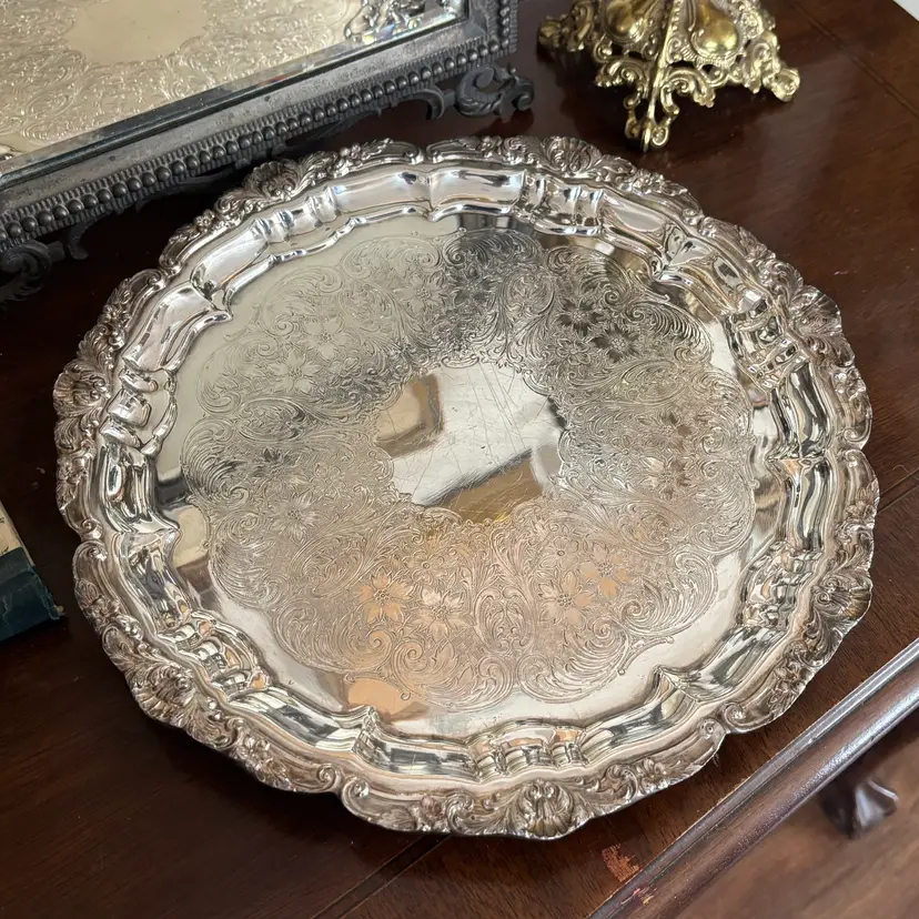 🐇Vintage Old English by Poole Silver Plate Ornate Shell Detailed Footed 12” Round Tray