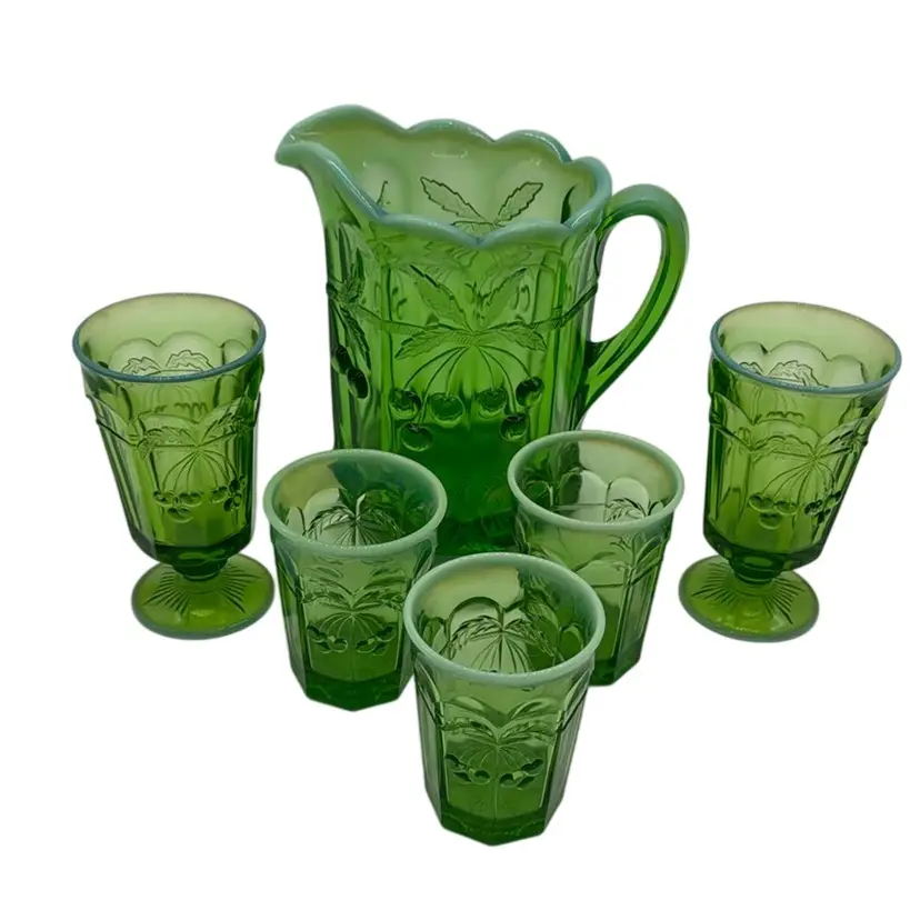 Pitcher Tumbler Set - Mosser Glass Opalescent Green Cherry Thumbprint Pitcher w 3 Small And 2 Large Tumblers