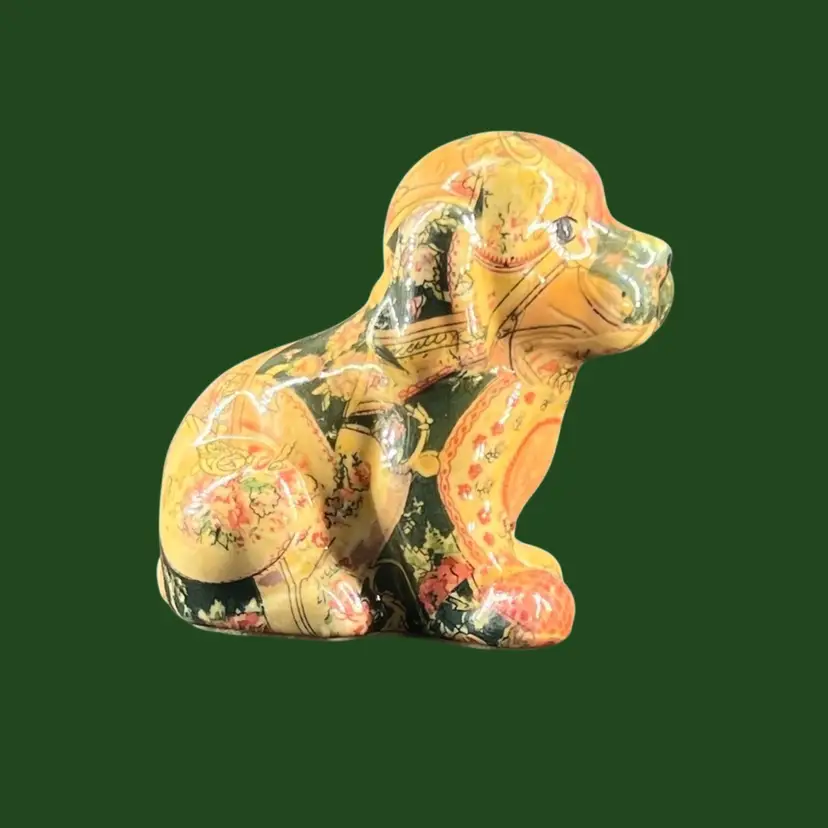 Vintage Puppy Dog Figurine “Porcelain Patchwork” Floral Decoupage Joan Baker Designs