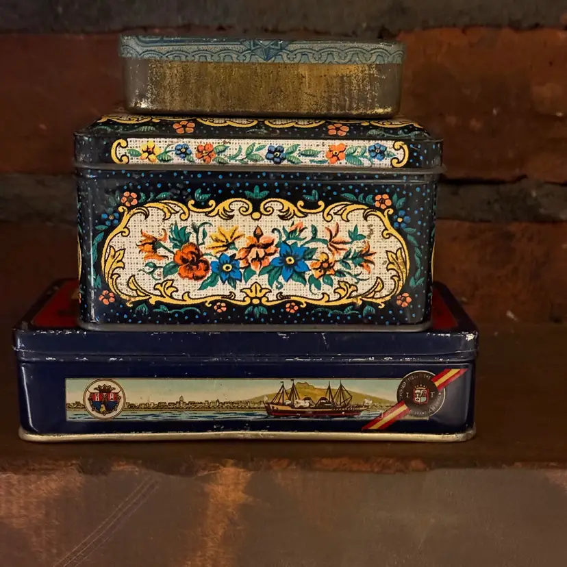 Vintage Stacked Decorative Tins in Blue and Gold Floral Motif