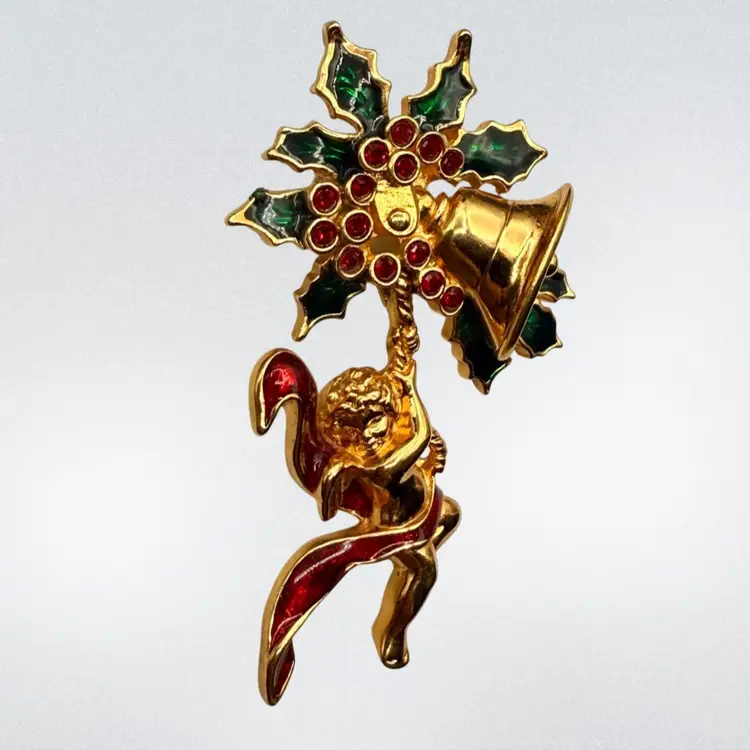Vintage Avon Smithsonian Institute Christmas Bells & Cherub Angel GoldTone Enamel Brooch, 2.5”x 1.5”