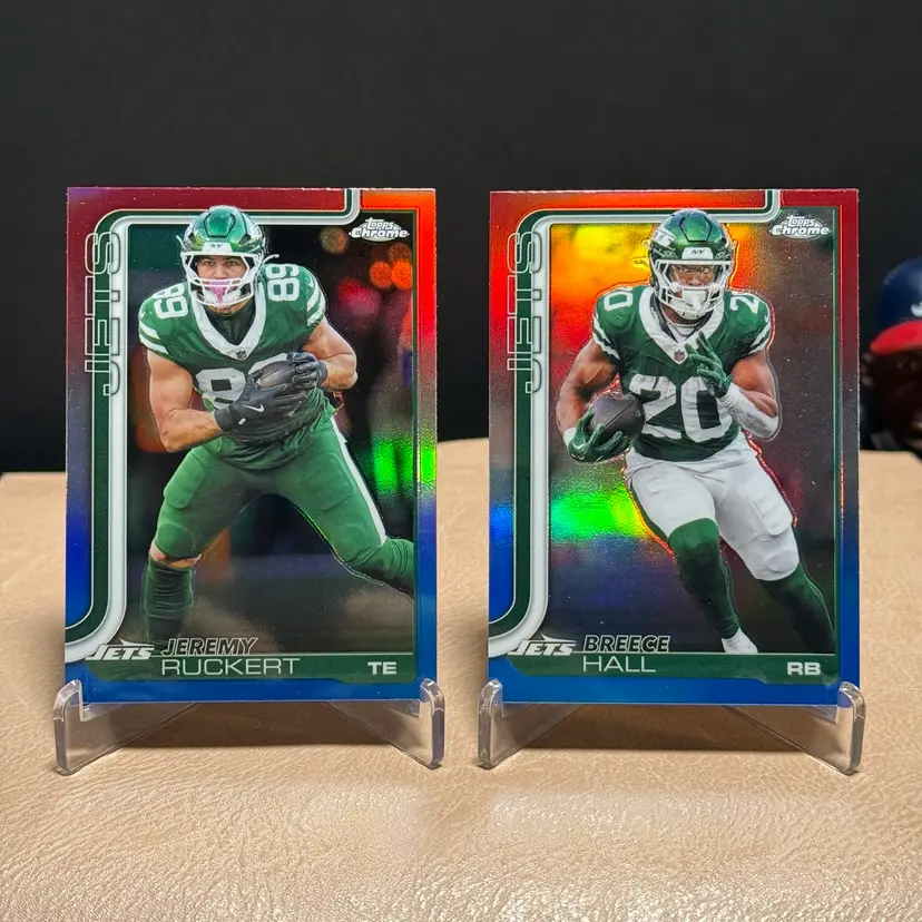 Breece Hall Jeremy Ruckert 2025 Topps Chrome Red White Blue + Fields & Rogers New York Jets 4 Card Lot
