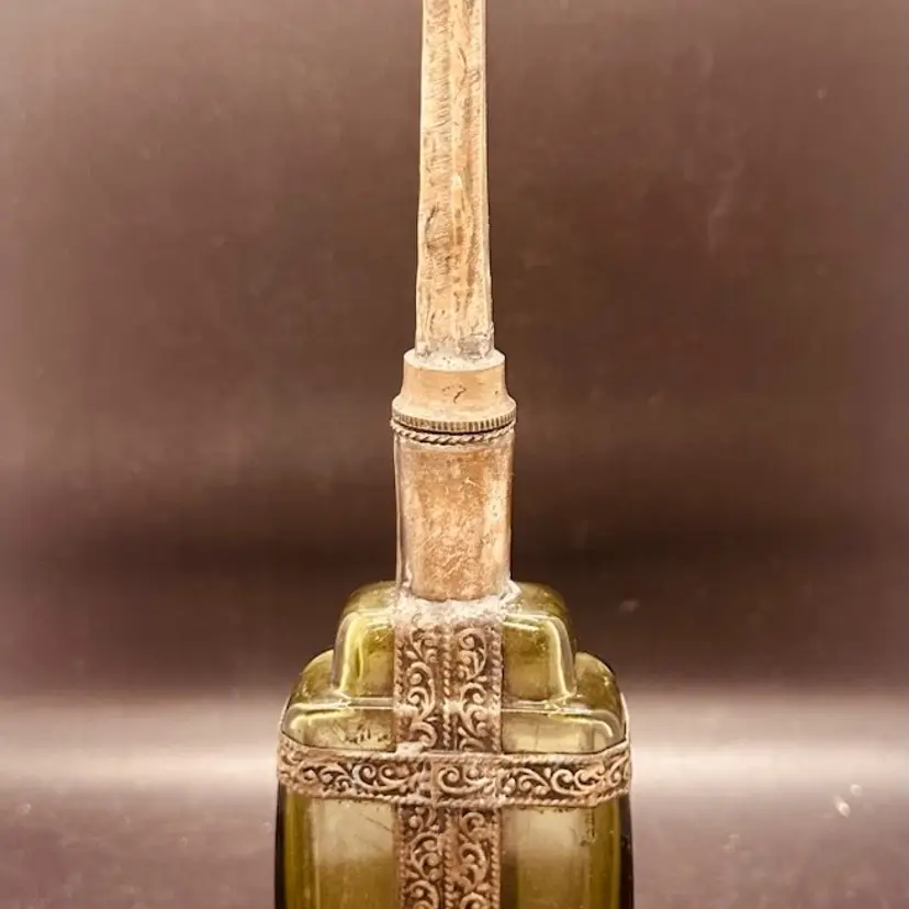 22. 1920S FRENCH BARBER METAL SPOUT BOTTLE KARL MORAN PERFUME METAL ENCASED GLASS