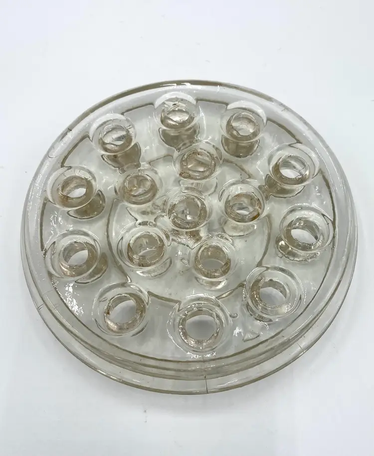 Vintage Floral Frog Clear Glass 16 Hole Flower Holder 5" Round