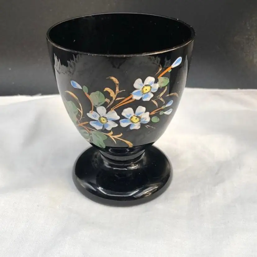 Vintage Black Art Glass Hand Painted Enamel Decoration Large Egg Cup/ Small Vase