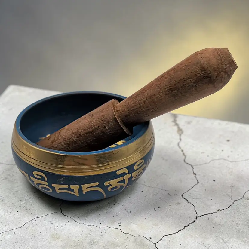 Tibetan Blue and Gold Metal Singing Bowl with Wood Mallet for Meditation