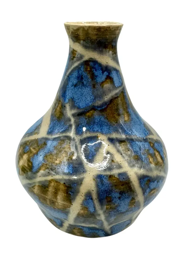 Signed Mark Studio Art Pottery Bud Vase Blue Brown Green Beige Drip Glaze 4”