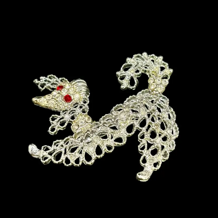 Silver Toned Poodle Spaghetti Style Puppy Dog Brooch 2”