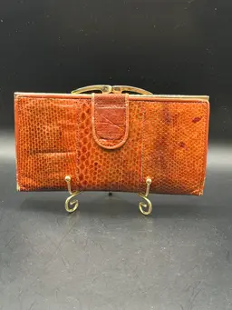 Vintage Snake Skin Hand Made Long Bifold Clutch Kiss Lock Wallet Brown