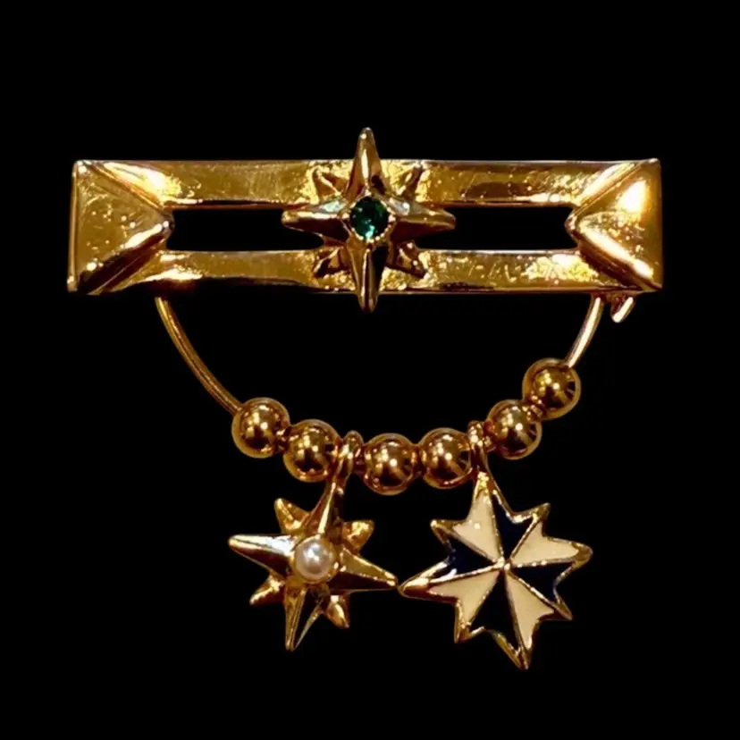 Vintage Avon Gold Tone Presidents Club Brooch Bar 2 Stars Dangle Charms, 1.5”