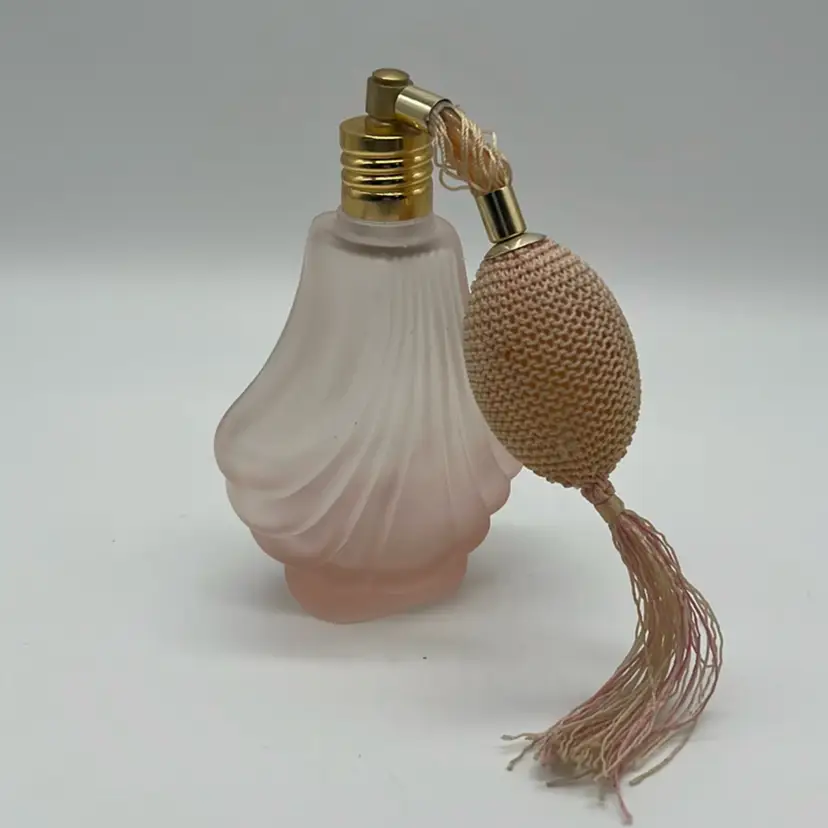 Pink Satin Glass Perfume Bottle w/ Atomizer Vintage  | 4.5”