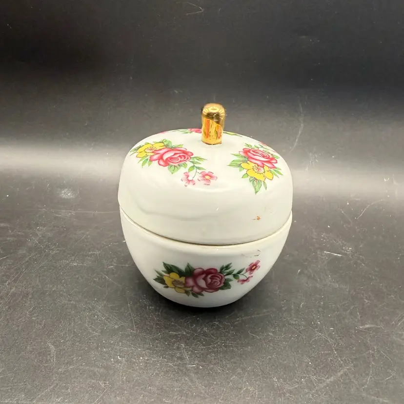 Vintage Porcelain Apple Shaped Floral Trinket Jar