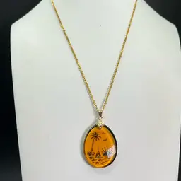 German Glass Intaglio Pendant With Tropical Scene 19” Chain Lobster Clasp