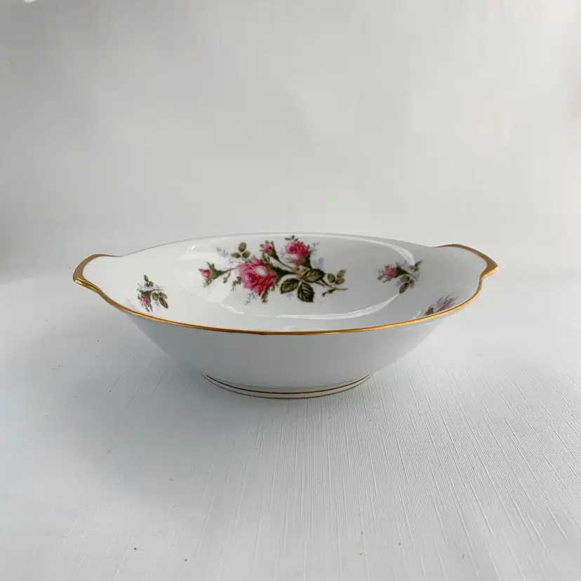Sango Moss Rose Serving Bowl Tab Handled Pink Roses Made Japan MCM Vintage