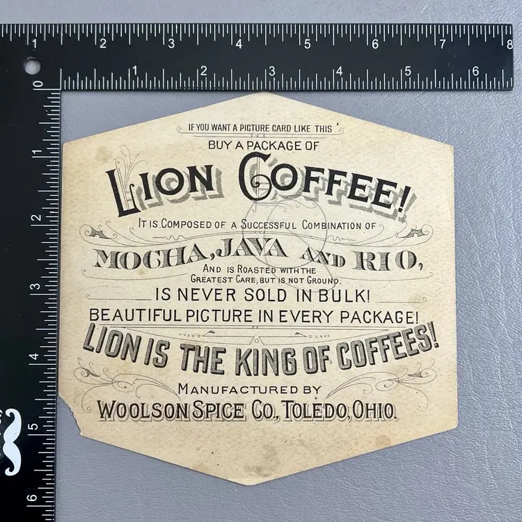 Victorian Trade Card Lion Coffee Hexagonal Die Cut Twilight Descending Farm