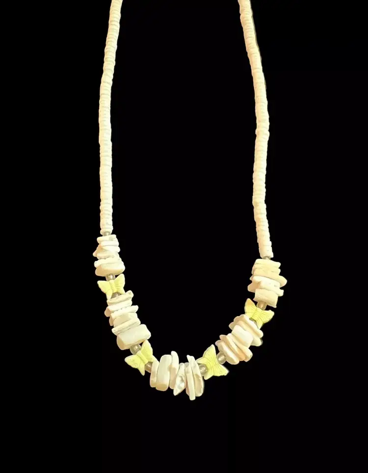 Vintage Puka Chip Necklace Shell Butterflies Beach Hawaiian Boho Barrel Clasp