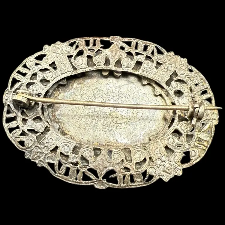 Micro Mosaic Florals Embedded In Black Glass Brooch 1.75”