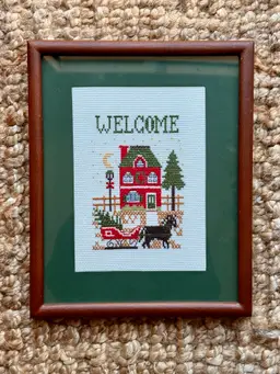 Vintage Handcrafted Christmas themed "Welcome" Cross Stitch – Handmade in the Philippines