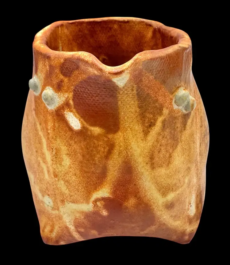 Signed Studio Art Pottery Small Creamer Pitcher Vessel Footed Orange Brown 3.5”