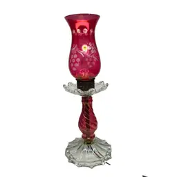 Vintage Cranberry Glass Boudoir With Etched Hurricane Shade Some Chips On Shade With Clear Class Base Missing Original Crystals Works @14x5
