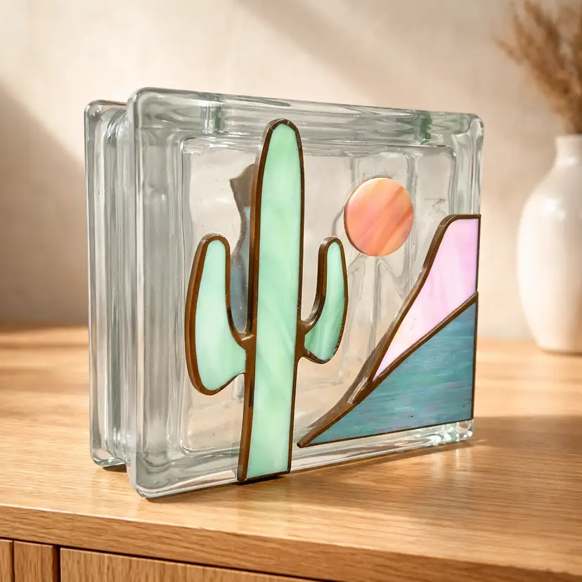 Decorative Stained Glass Block Vase, Artist Signed, Made in West Germany, 5.75 x 5.75