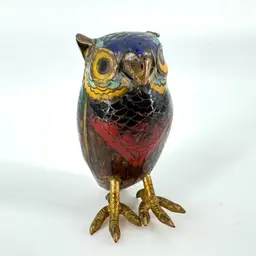 Vintage Chinese Cloisonné Enamel & brass Owl Figurine