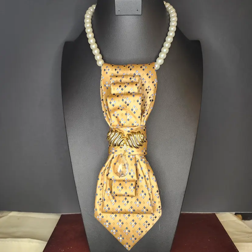 Upcycled Vintage Chic Necktie Necklace with Brooch