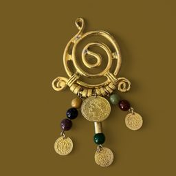 Swirly Gold Tone Dangling Coins & Beads Brooch Vintage