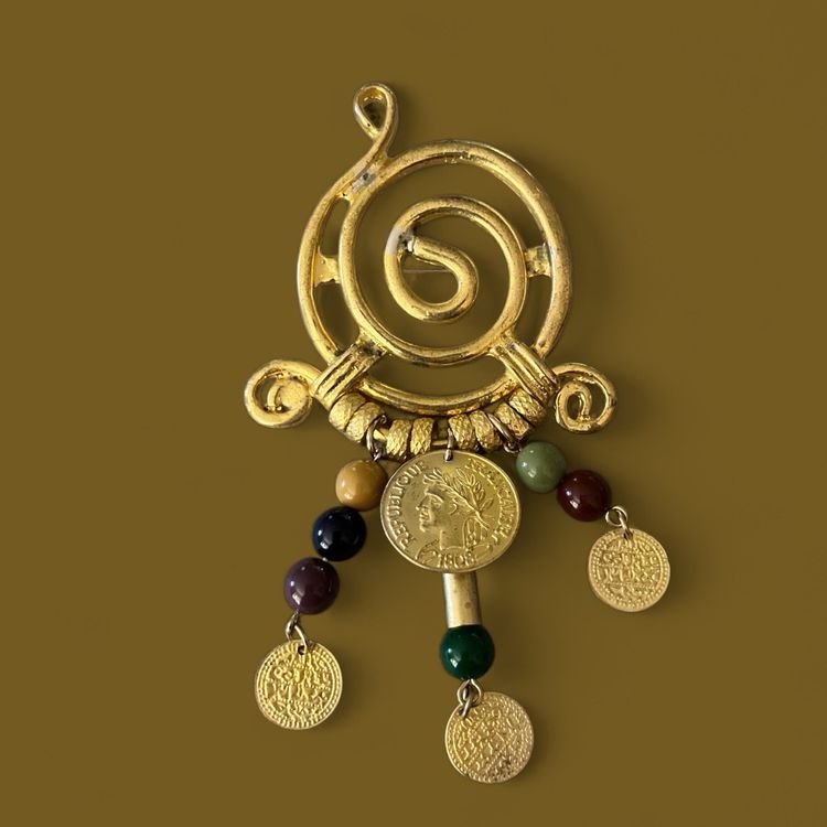 Swirly Gold Tone Dangling Coins & Beads Brooch Vintage