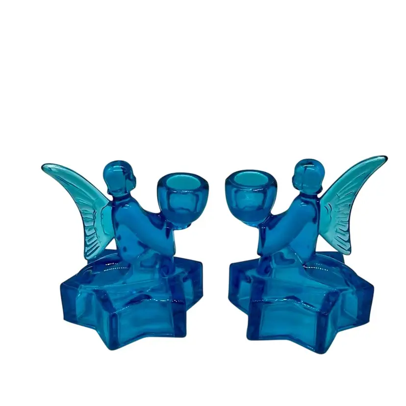 LE Smith Vintage Blue Glass Angel Kneeling On Star Taper Candle Holders Set Of 2 | 4.5”