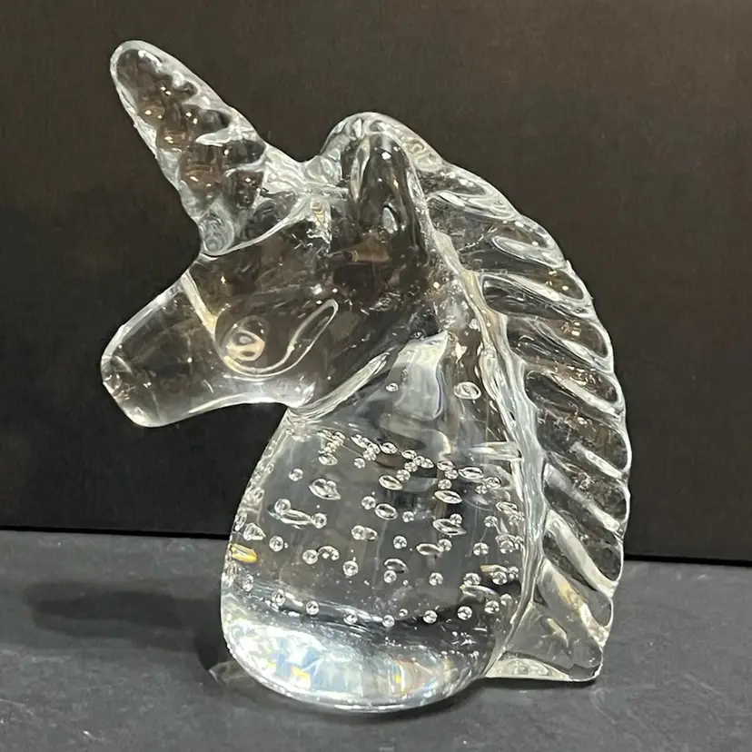 Handblown Clear Art Glass Unicorn Bust Figurine Paperweight Controlled Bubbles Taiwan ~4β x 3β x 2β