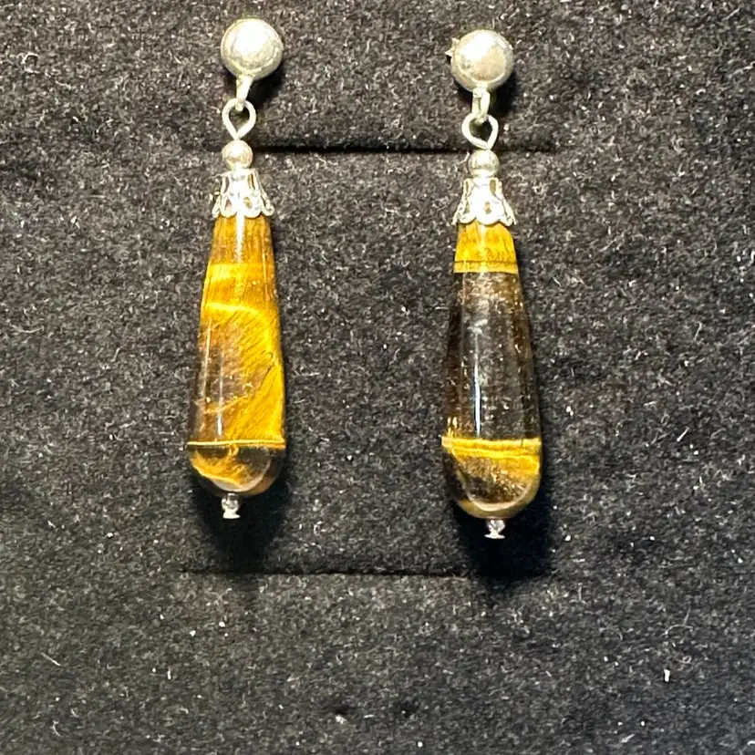 Sterling 925 Tigers Eye Tear Drop Pierced Earrings