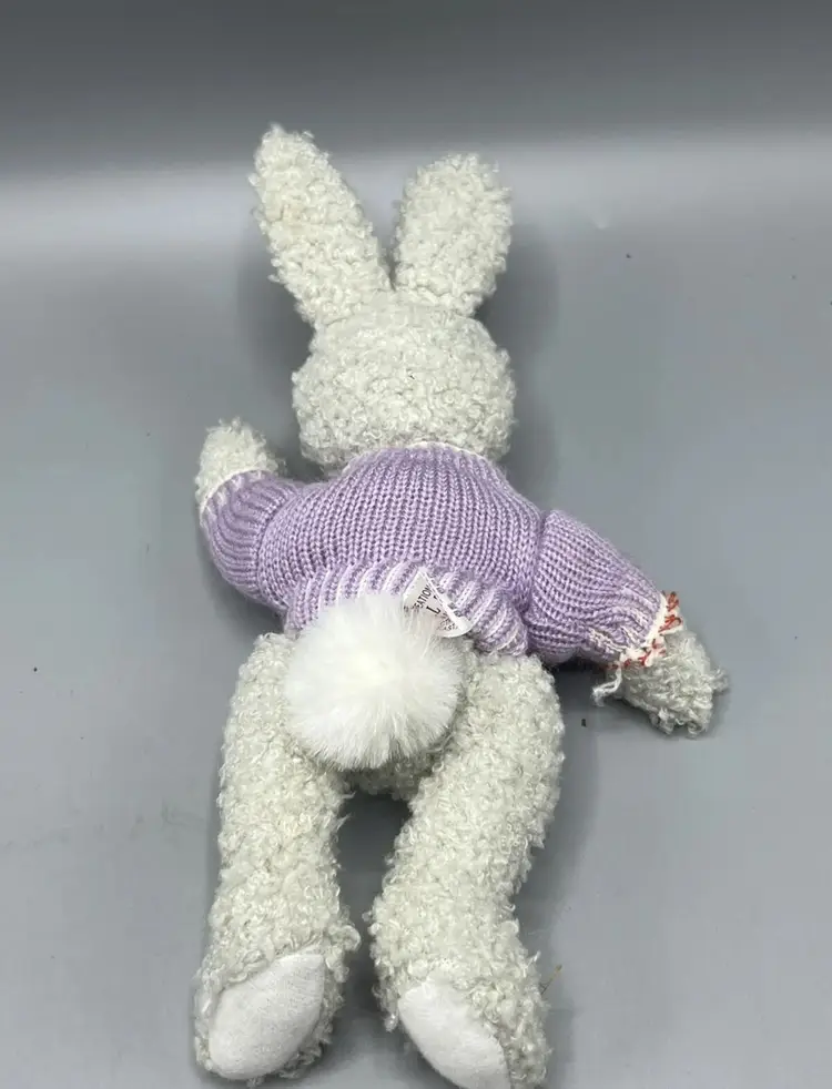 Vntg Precious Plush T.L. Toys Gray Bunny W/ Purple Sweater Stuffed Animal Easter