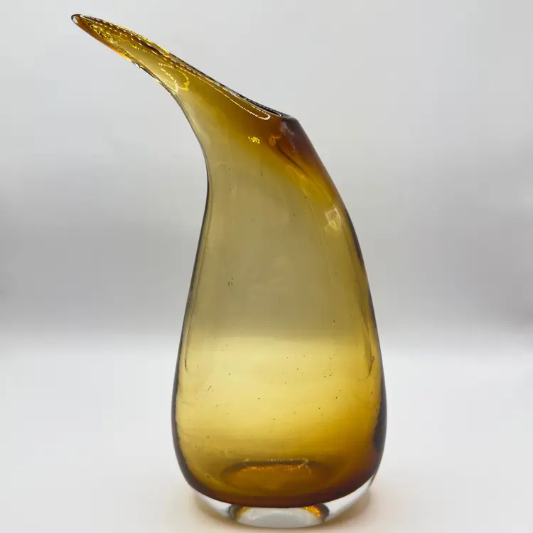 Vintage 1960’s Mid-Century Amber Art Glass Pitcher Vase, Retro Home Decor, Elegant Art Glass Clear Bottom, By Emboli Ewer, Made in Italy